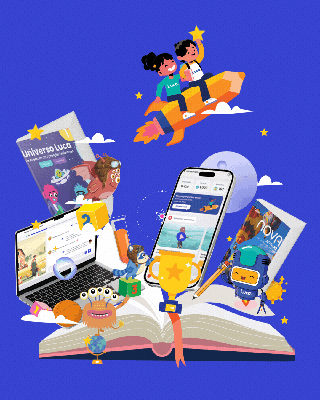 Ilustración de la experiencia educativa con Luca: libro, dispositivos y personajes.