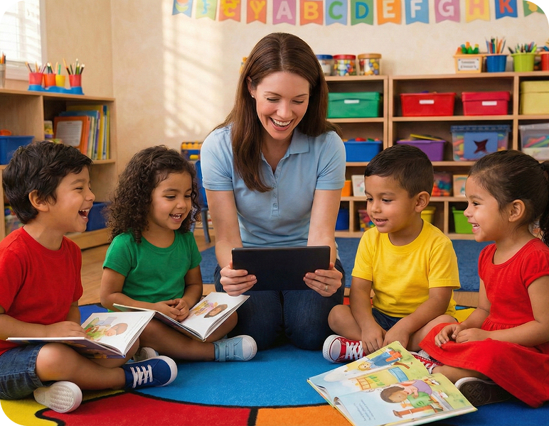 Docente y alumnos en aula con tablet