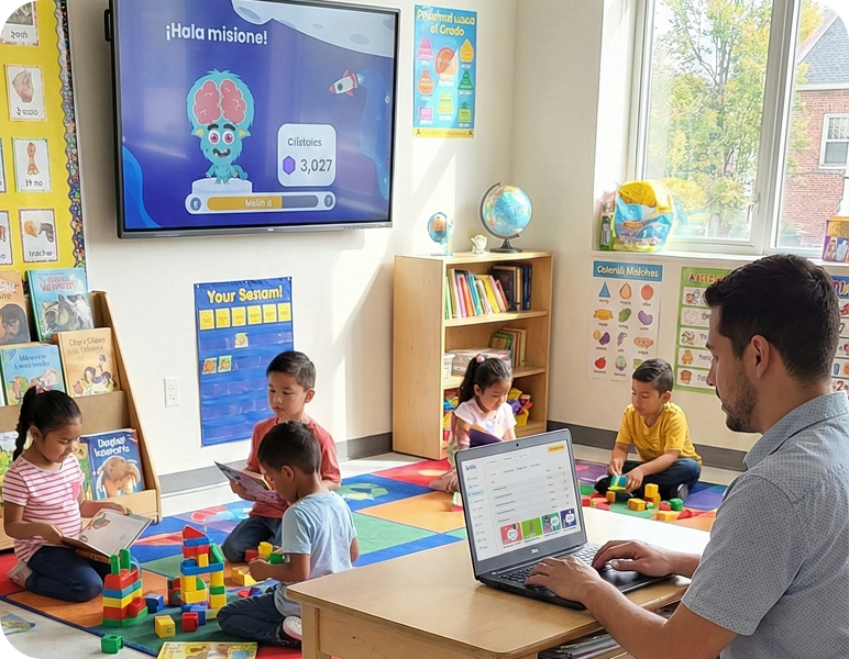 Aula con pantalla y tablets