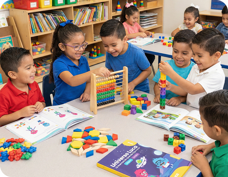 Niños con material didáctico en aula