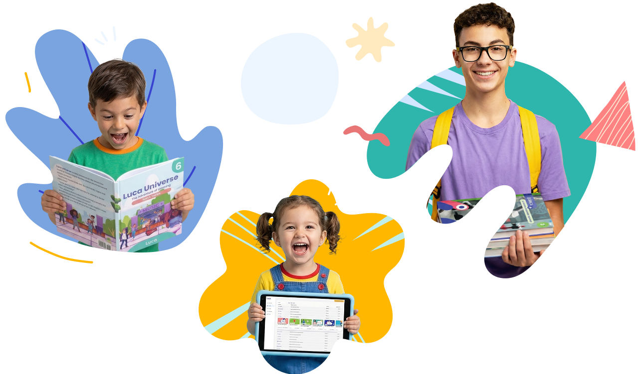 Dos estudiantes: un joven con gafas y mochila sosteniendo libros, una niña con trenzas sosteniendo una tablet, sonriendo