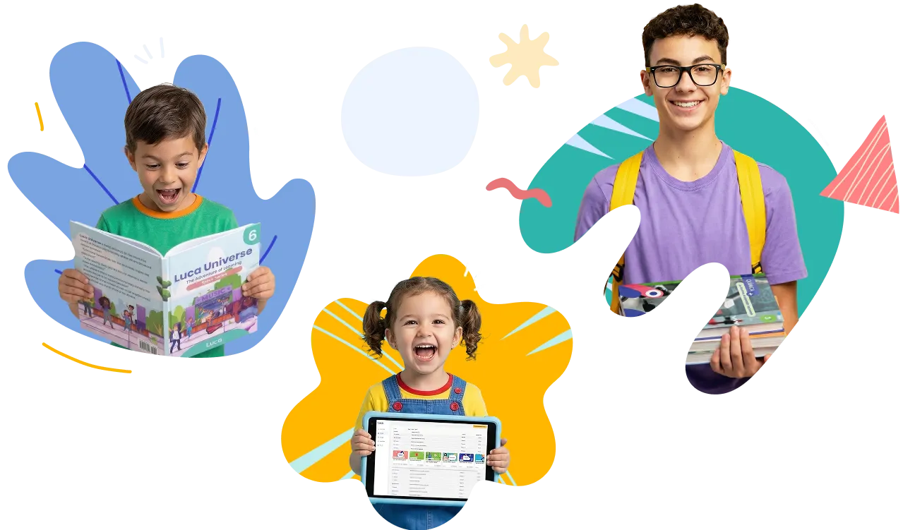 Dos estudiantes: un joven con gafas y mochila sosteniendo libros, una niña con trenzas sosteniendo una tablet, sonriendo