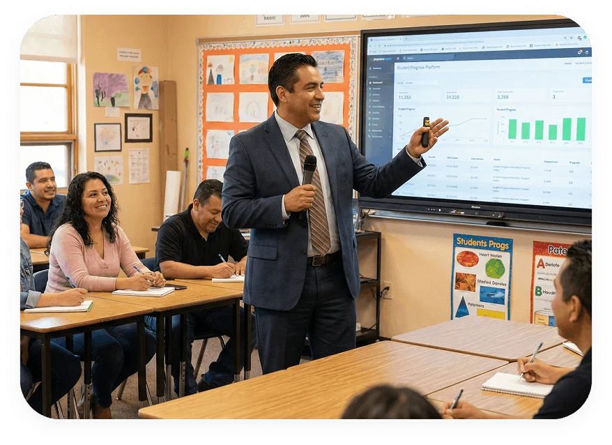 Directora revisando información en tableta