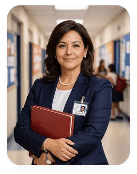 Directora en pasillos del colegio