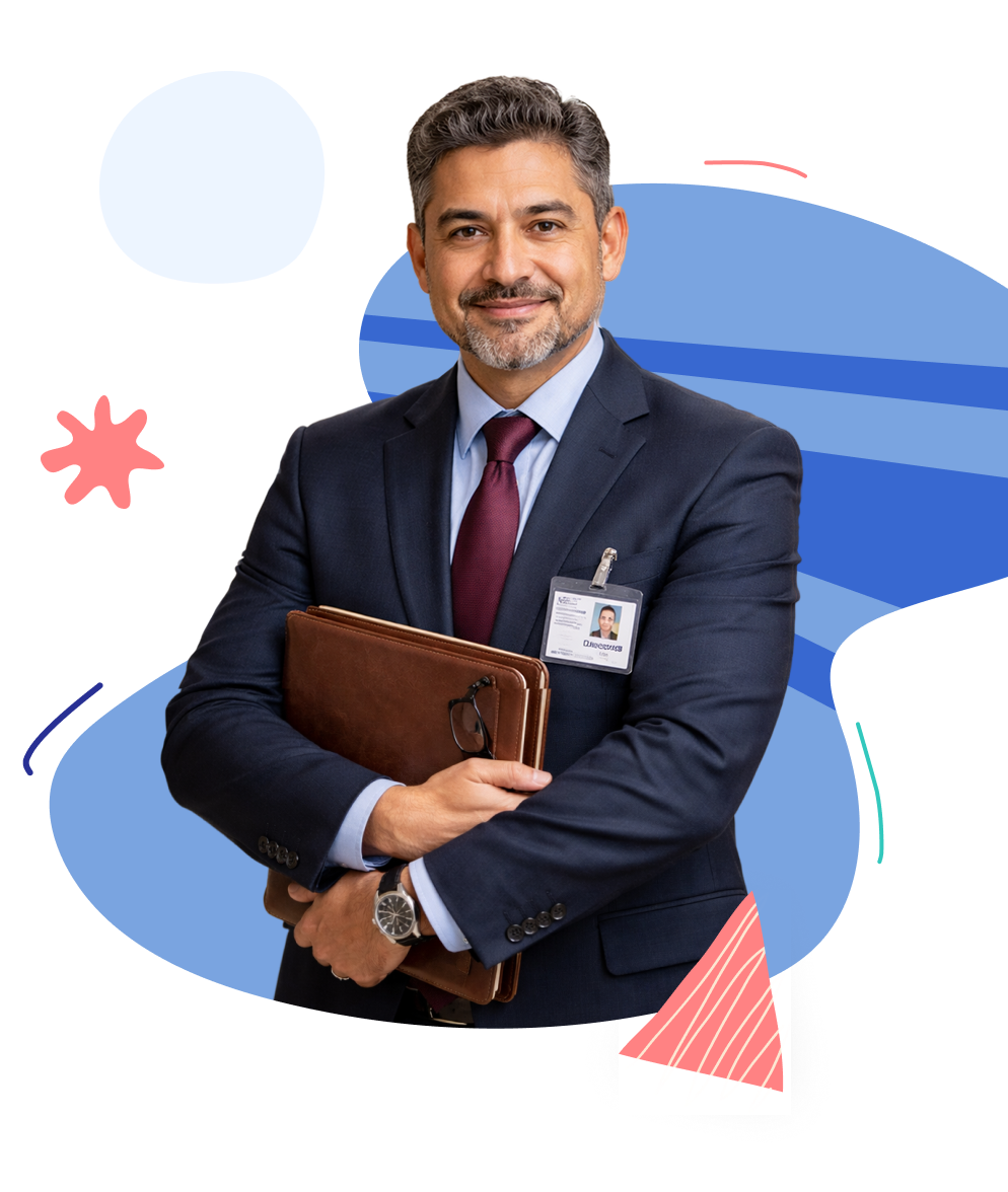 Director escolar con carpeta de documentos