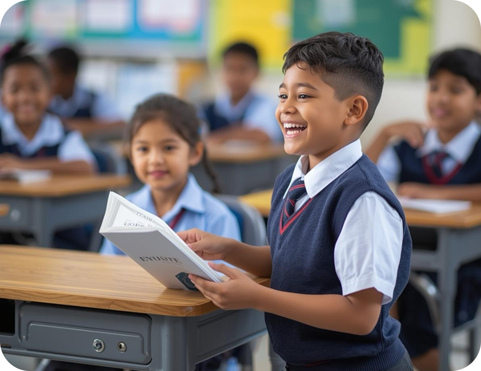 Estudiante sonriendo con un libro en el aula