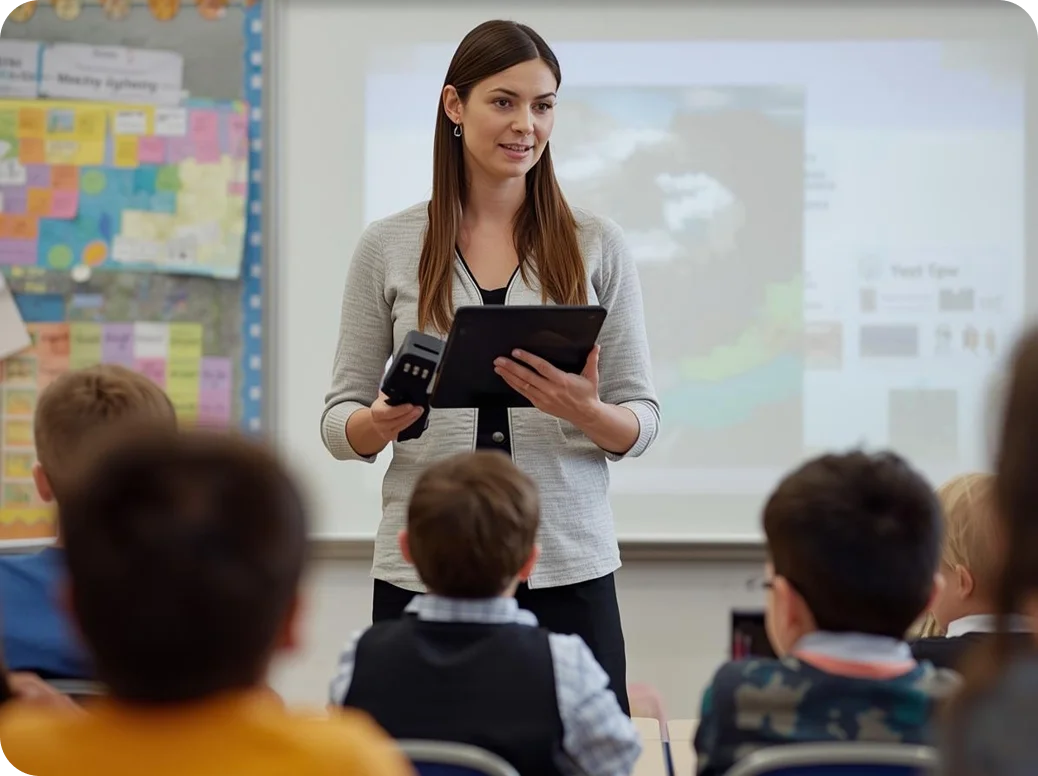 Docente con estudiantes en el aula