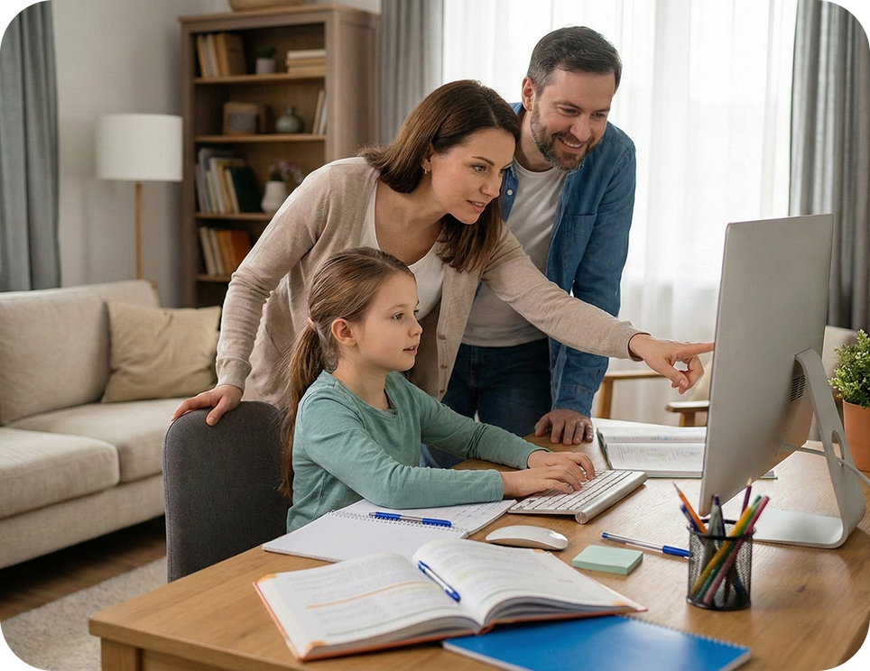 Familia revisando el aprendizaje en casa con laptop
