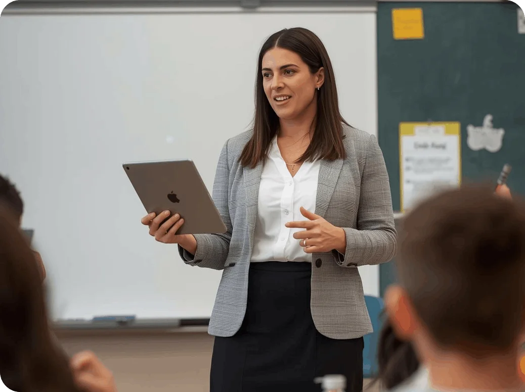 Docente con estudiantes en el aula