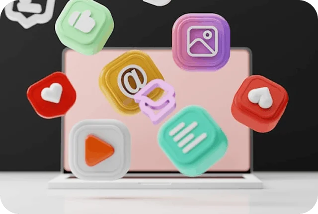 Ilustración de laptop y redes sociales.